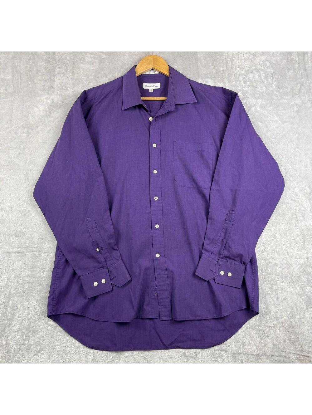 Vintage Christian Dior Dress Shirt Mens 17 34 35 Purple Button Up Preppy Luxury - Picture 2 of 10